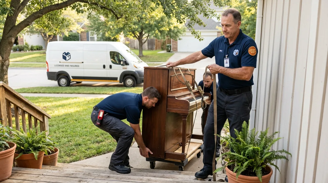 Licensed piano movers securing grand piano in Milford, CT
