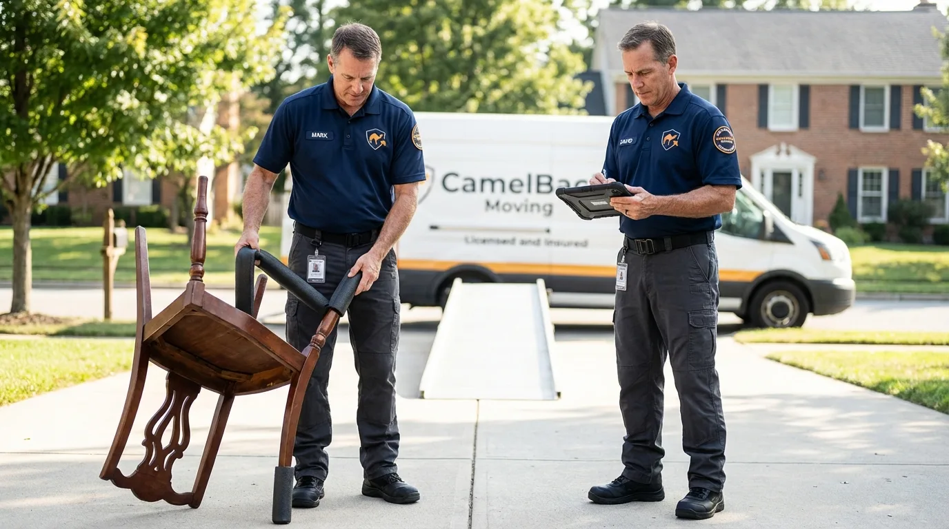 Movers inspecting furniture for damage prevention before loading in Milford, CT