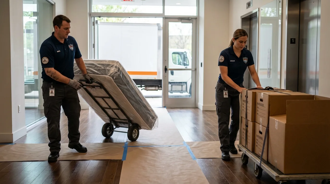 Professional apartment movers loading elevator in Milford, CT