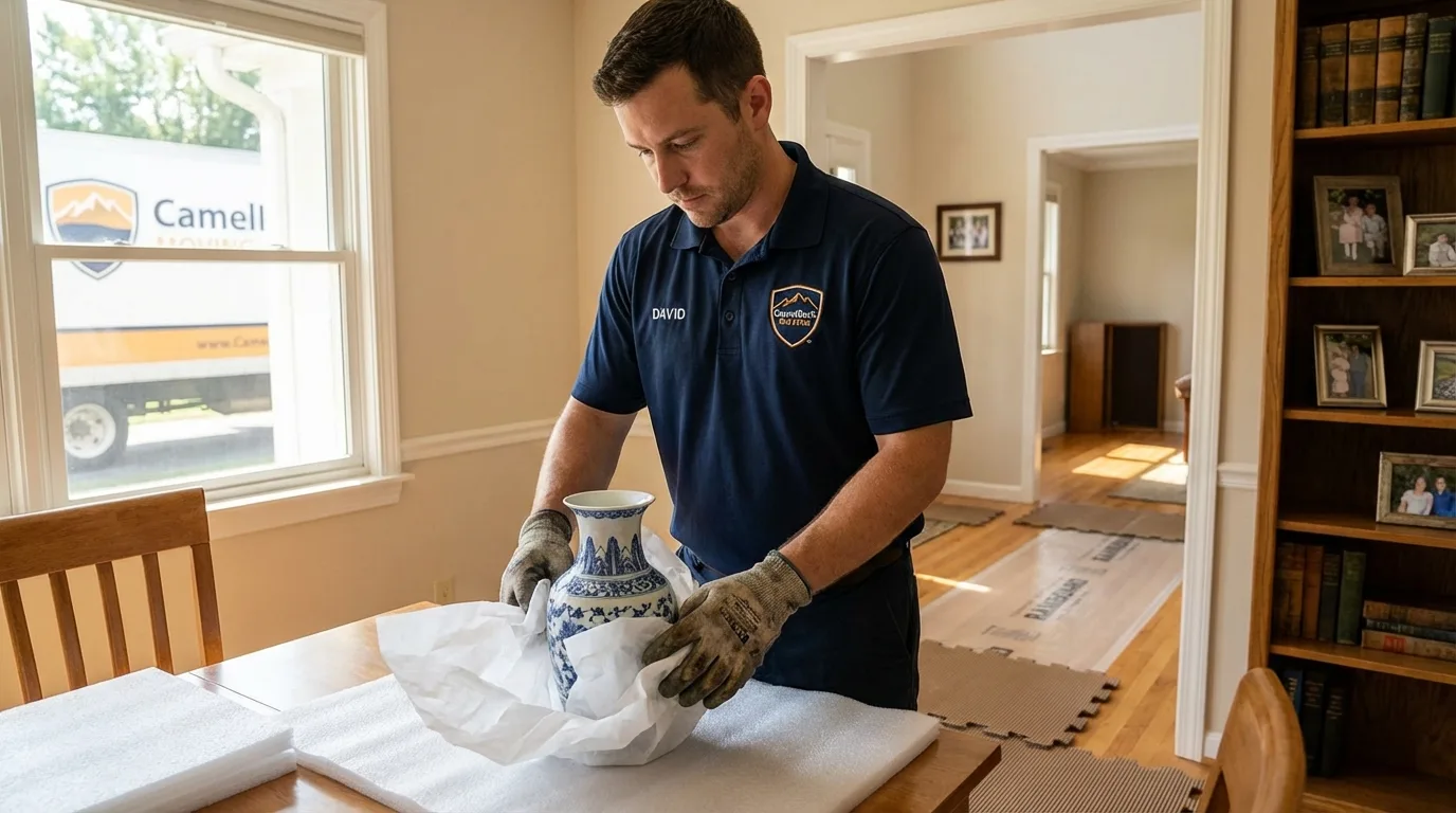 Professional crew carefully wrapping antique vase for senior downsizing move in Milford, CT